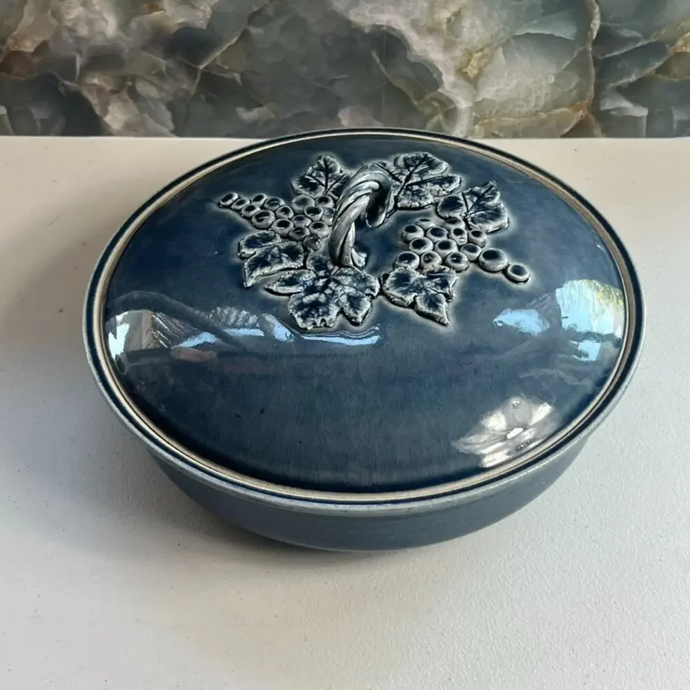 Blue Lidded Pot Casserole Serving Dish Grapes Leaves Handmade & Signed Glazed